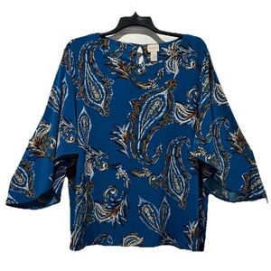 CHICOS Blue Paisley Boho Flutter Sleeve Top Chicos Size 3 US 16 XL